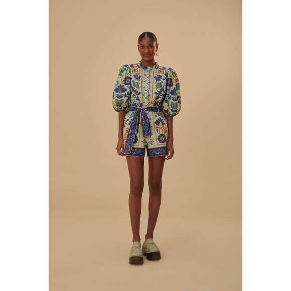 Farm Rio Green Ocean Tapestry Belted Romper, Medium, 100% Cotton New $200 - Picture 2 of 7